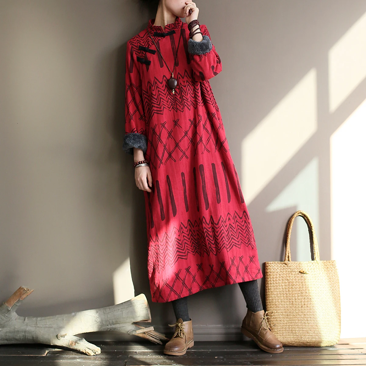 NINI WONDERLAND зимнее женское платье из флиса, плотное теплое длинное платье, женское платье с принтом в китайском стиле, свободный халат, жаккард, большой размер