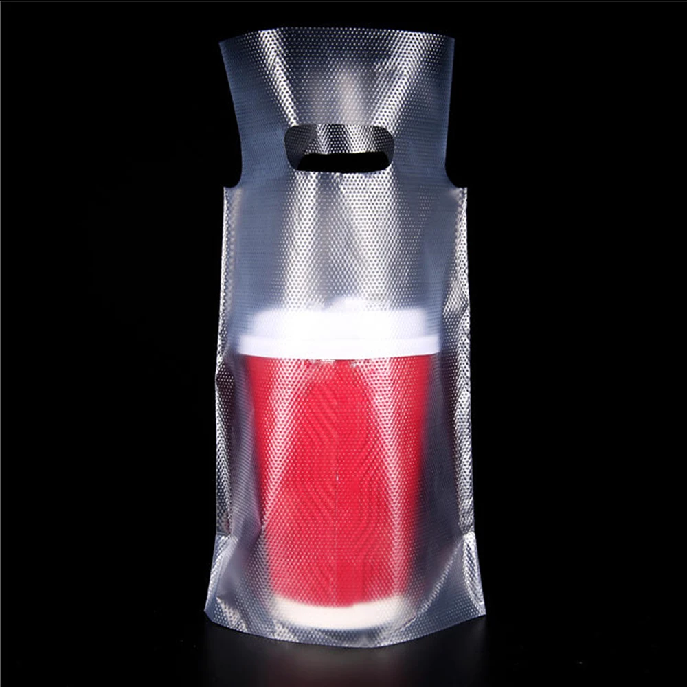 

100Pcs/lot Single Cup Plastic Package Bag with Handle Drinking Bottle Carrier Packing Pouch Beverage Clear Take Out Pack Bag