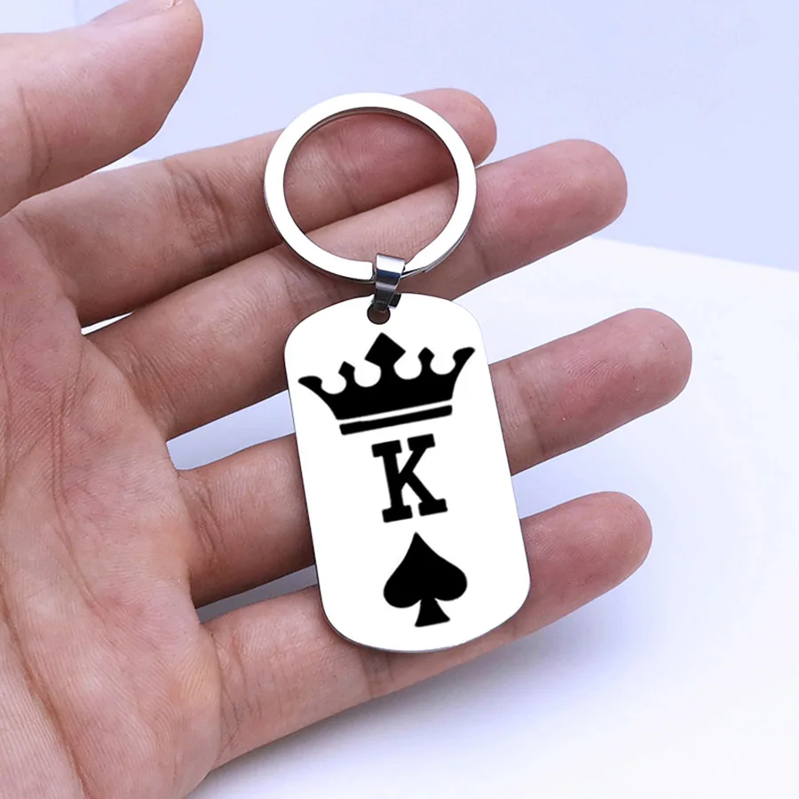 Mirror Size L King Модный брелок для ключей из нержавеющей стали с изображением собаки короны, короля, королевы, пиков покера K Q - Цвет: Mirror Size L King