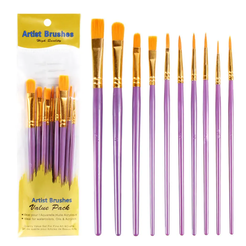Lot de 4 Pinceaux d'artiste en soie de porc, Taille 2 à 10, poils