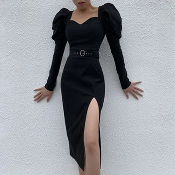

Evening Dresses Retro Sexy Women Dress Split V Neck Puff Sleeve Metal Buckle Belt Bag Hip Dress Dark Goth Women Black Vestido