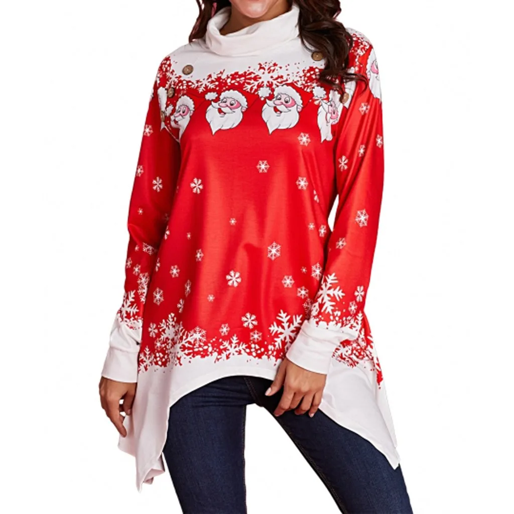 

Women Christmas Snowflake Print Cowl Neck Asymmetric Santa Claus Xmas Tunic Tops womens Christmas T Shirt camiseta mujer