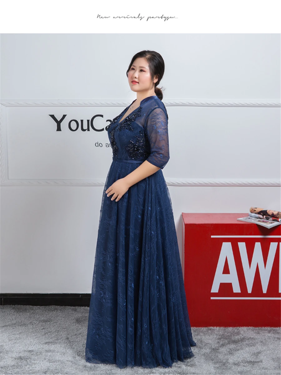 Бисероплетение Вечерние платья Кружева Robe De Soiree темно-синие женские вечерние платья размера плюс рукав три четверти Формальные платья T123