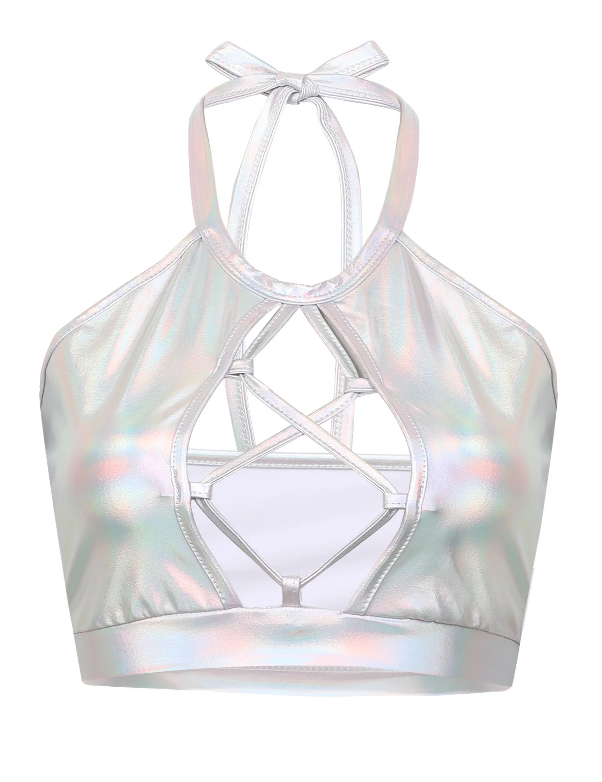 Silver Женские модные укороченные топы Wetlook Металлик Холтер шеи спереди выдалбливают спинки Cami Vest Клубная одежда вечерние топы - Цвет: Silver