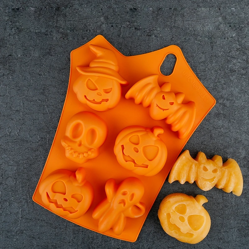

6 Grids Pumpkin Bat Skull Ghost Shape Halloween Silicone Mold Candy Chocolate Pudding Mold for Halloween Party Decoration
