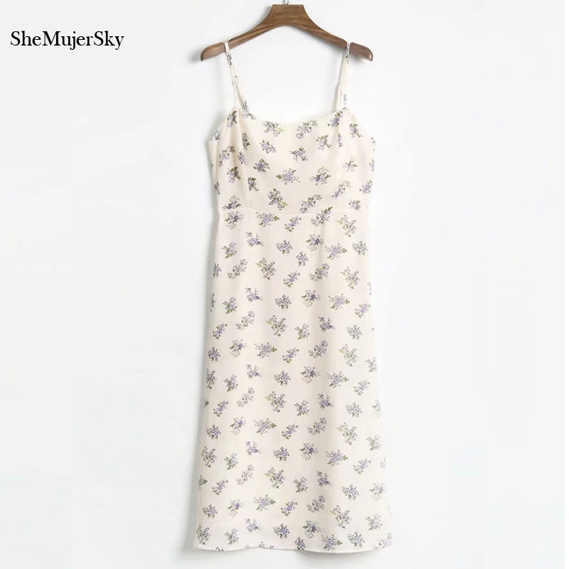 

SheMujerSky Women Elegant Spaghetti Strap Beach Dress Summer Holiday Floral Print Midi Dress Ladies 2019 vestidos