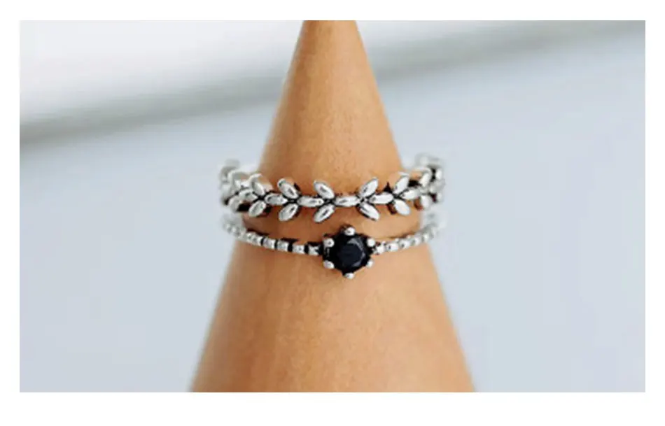 ZDADAN 925 Sterling Silver Double Layer Leaf Obsidian Rings For Women Silver Ring Jewelry
