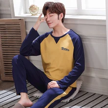 Мужская пижама, полный хлопковый пижамный комплект с круглым вырезом, Мужские рукава реглан, комбинированная Домашняя одежда, большие размеры, high высококачественный мужской комплект нижнего белья