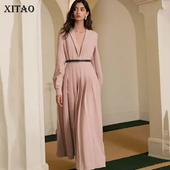 

XITAO Drawstring Waist Wrinkle Solid Dress Women 2020 Winter Casual Fashion New Style Temperament All Match Women Clothes ZY1774