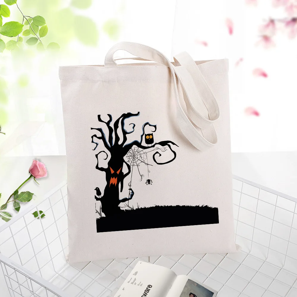 Canvas Tote Bag Halloween Children's Gift Candy Bag Text DIY Custom Print Logo Eco Reusable Handbag Recycled Shopping Bag - Color: HALLOWEEN016