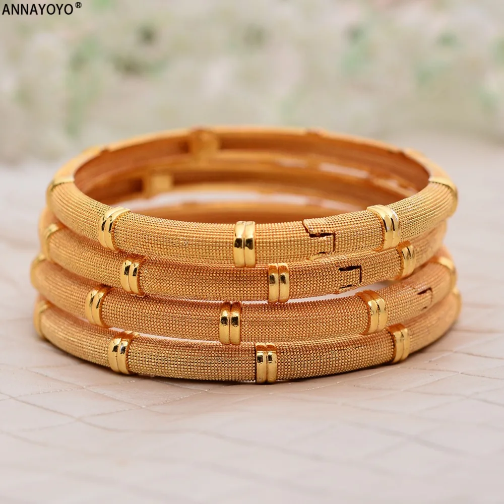 Annayoyo 4pcs Wholesale Fashion Dubai Bangle Jewelry Gold Color Ethiopian Bracelet for Women African Arab Items