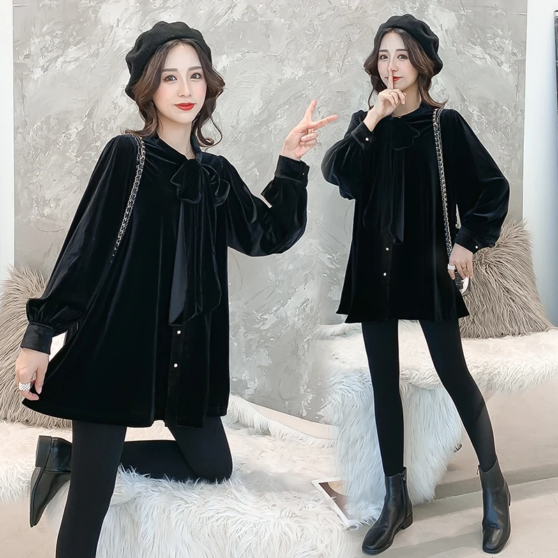 Winter Fashion Maternity Nursing Shirts Long Lantern Sleeve Bow Collar Postpartum Women Buttons Fly Breastfeeding Blouses Black