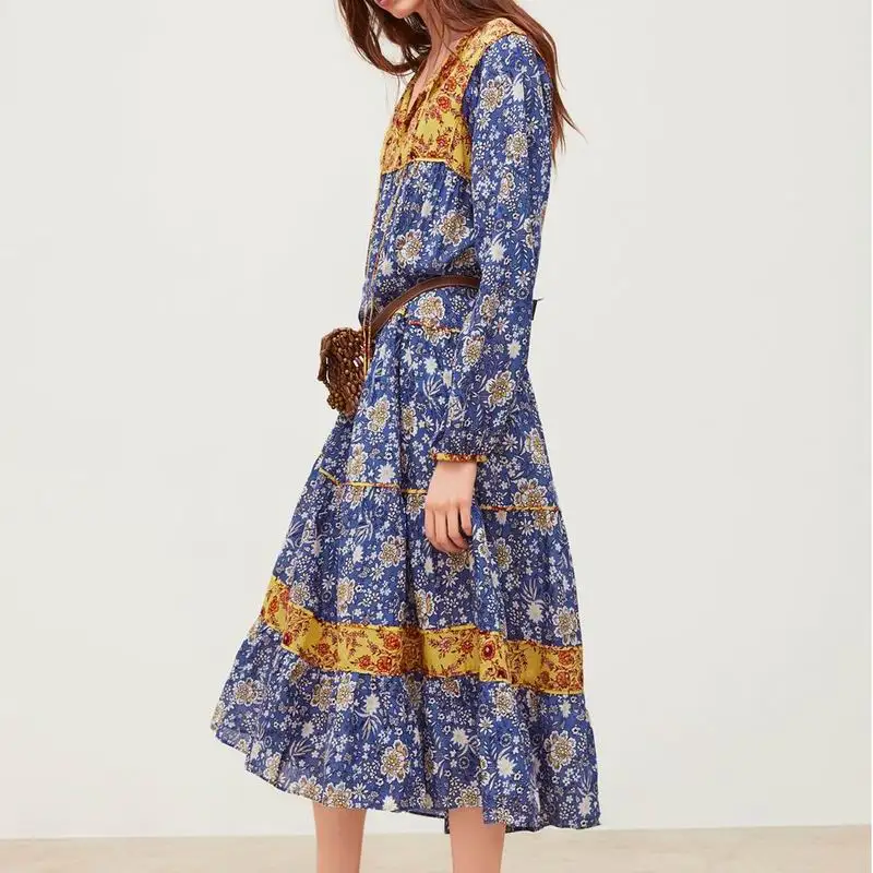 

Bohemian Women Spring Dress 2019 New Fashion Floral Prints Patchwork Modern Lady's Mid Calf Dresses ZA Clothing Vestidos