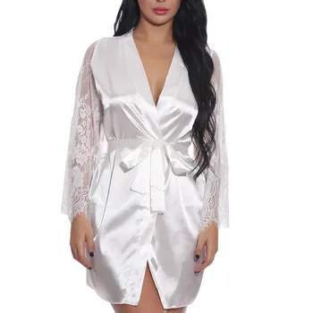 

Plus Size Women Stain Bathrobe Lace Sexy Lingerie Szlafrok Casual Sleepwear Underwear Bride Badjas Bath Robe+Belt+G-String S-2XL