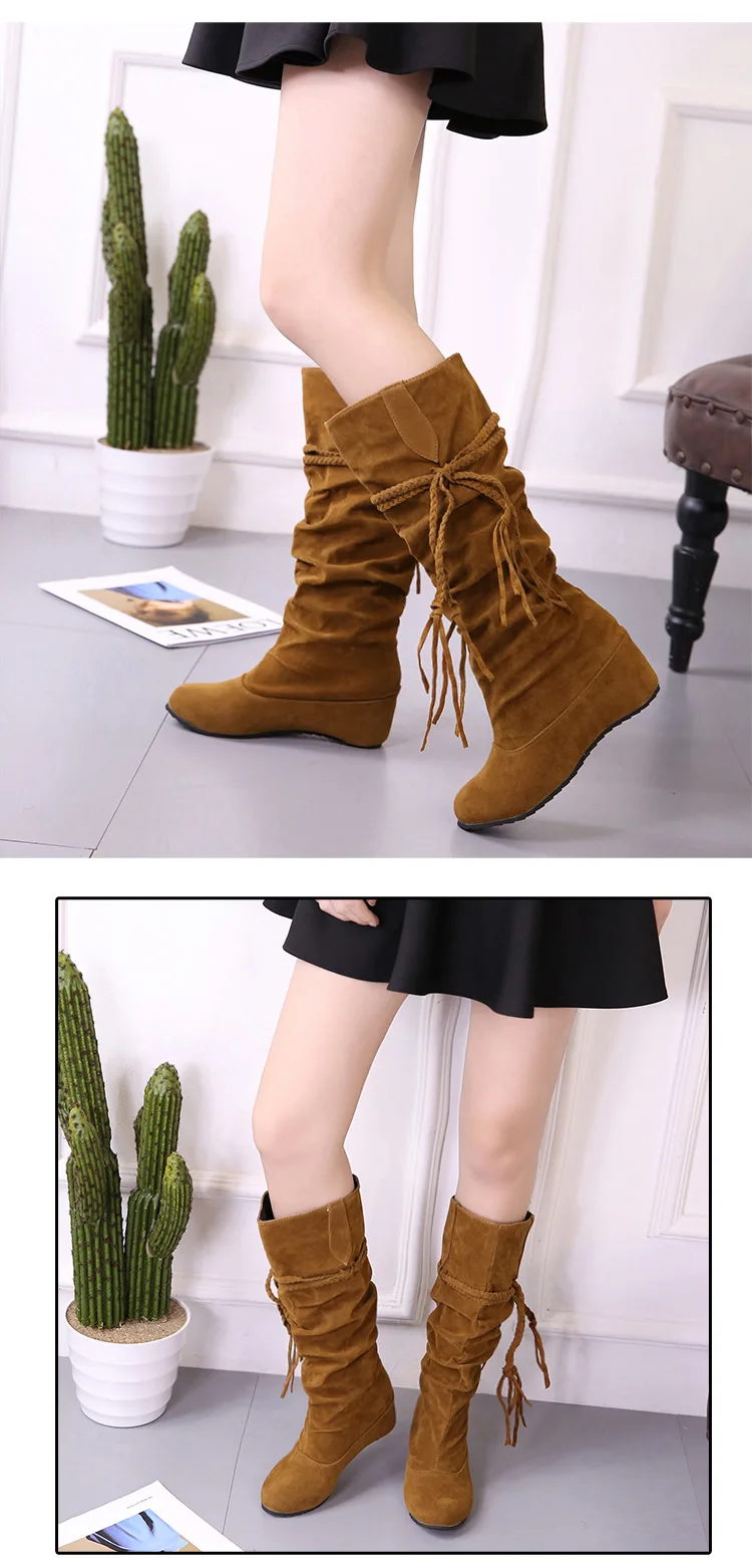 Leisure Mature Women Mid Calf Boots Solid Butterfly-knot Vintage Winter Boots Low Round Toe Flock Plus Size Shoes