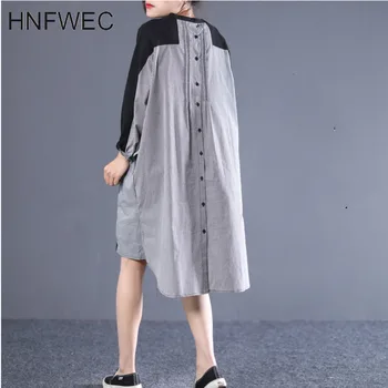 

2020 Spring Round Collar Long Sleeve Solid Patchwork Plaid Singel Breasted Pullveors Vintage Loose Dress Women V421