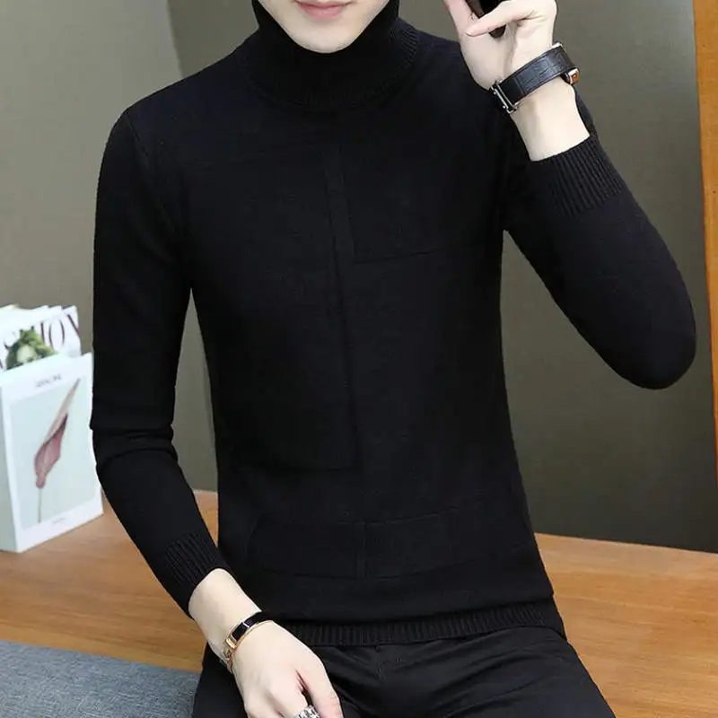 Теплый брендовый осенний мужской Модный повседневный мужской свитер, Мужской пуловер с высоким воротником, Однотонный свитер, M-3XL - Цвет: Черный
