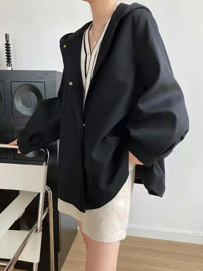 Fashion Elegant Women's Short Windbreaker Trench Coat Autumn and Spring Korean Loose Hooded Plus Size Jacket Original Fabric Parkas
