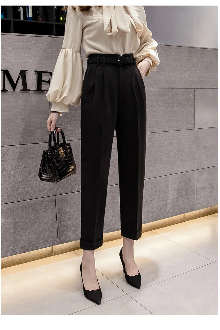 2021 New Spring Korean OL Style Women  Pants with Belt High Waist Formal Elegant Office Lady Ankle-Length Pants plus size white harem pants