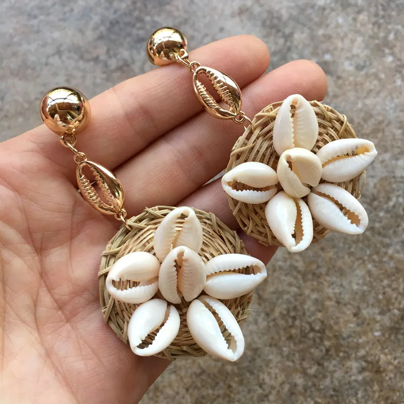 

UJBOX Creative Rattan Shell Metal Earrings Women Long Pendant Hanging Earring Best Vacation Jewelry Accessories