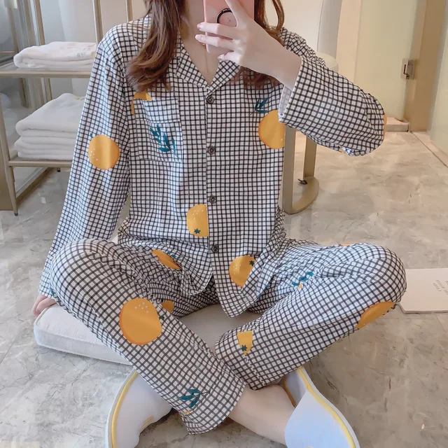 CAIYIER Autumn Winter New Sleepwear Set Women Turn-down Collar Pajamas Cute Cartoon Pattern Button Top+Pants Leisure Home Wear 908-8