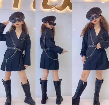 

Girls suit jacket 2020 autumn new middle child dark retro overalls dress with belt trend