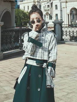 

Patchwork Plaid windbreaker women's middle and long 2020 new British wind coat temperament fashion goddess vertical coat