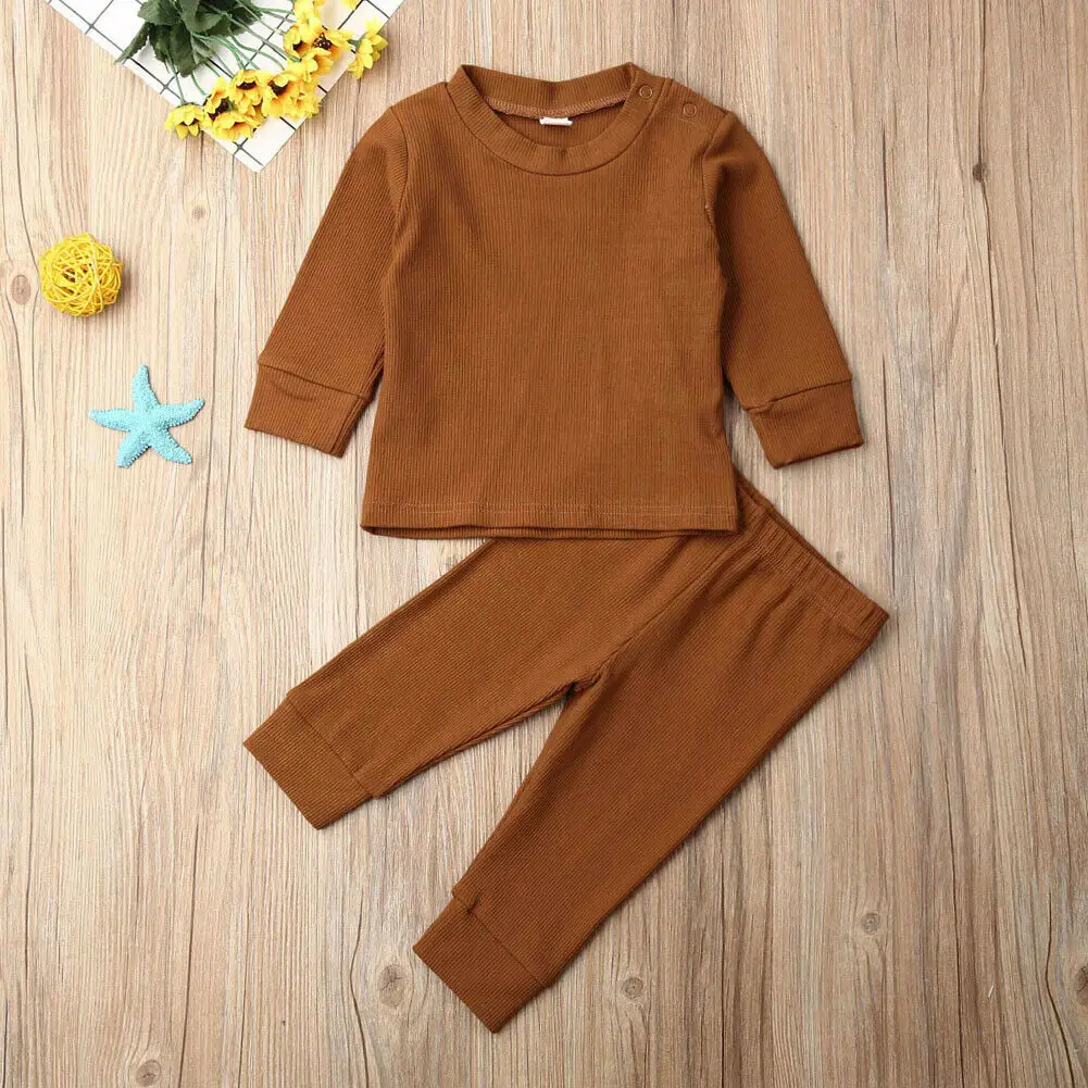 Повседневная Удобная Одежда для младенцев; комплект из 2 предметов: топ с длинными рукавами+ штаны; Однотонный костюм для новорожденных мальчиков и девочек - Цвет: brown