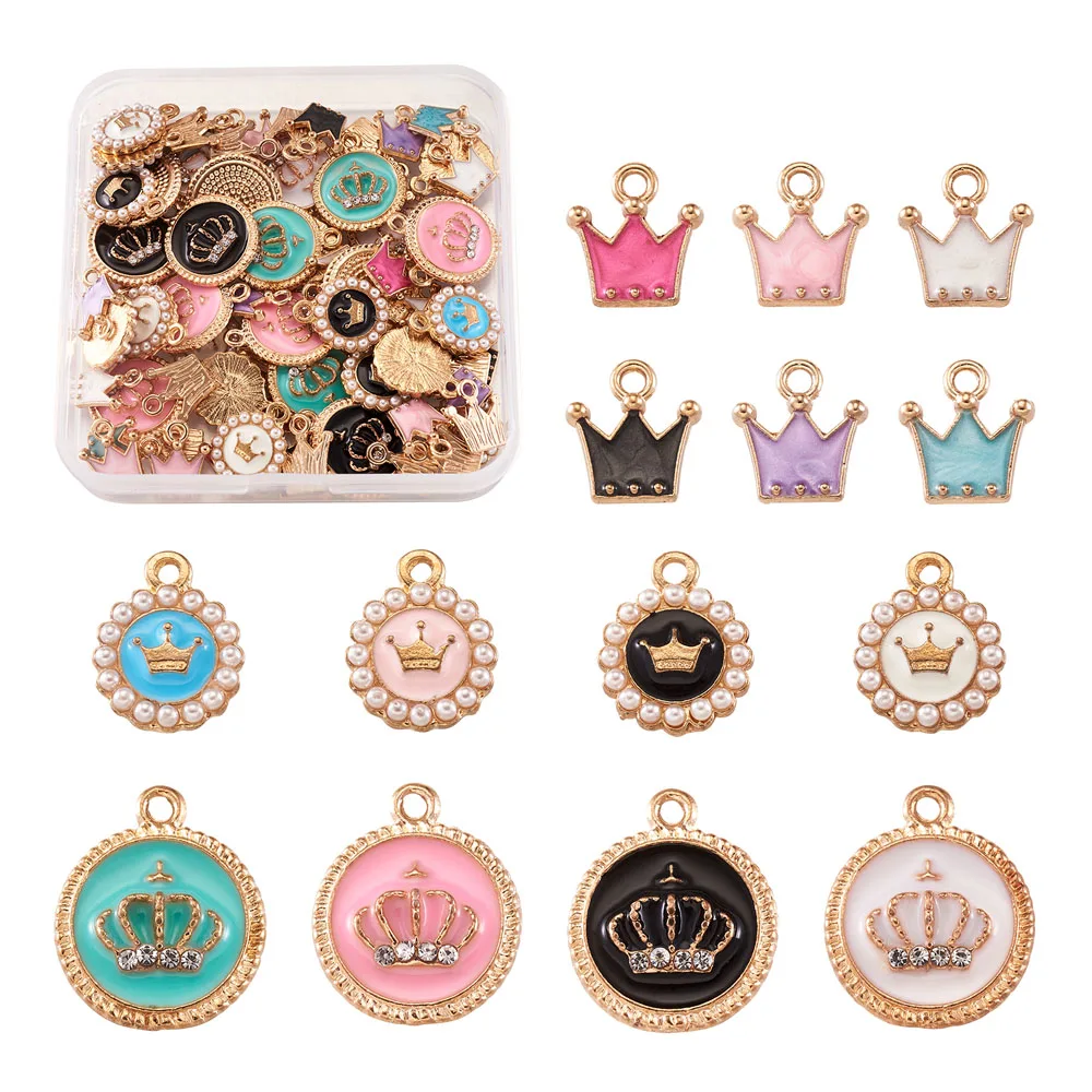 

68pcs/box Aolly Enamel Pendants with Resin Imitation Pearl Resin Rhinestone Flat Round with Crown Golden