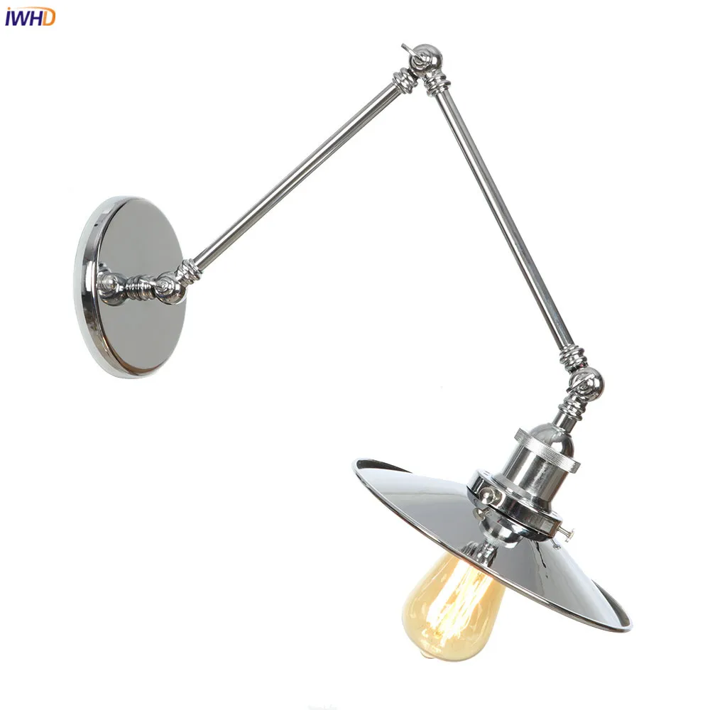 IWHD Silver Swing Long Arm LED Wall Light Fixtures Bedroom Stair Mirror Loft Industrial Decor Vintage Wall Lamp Sconce Edison