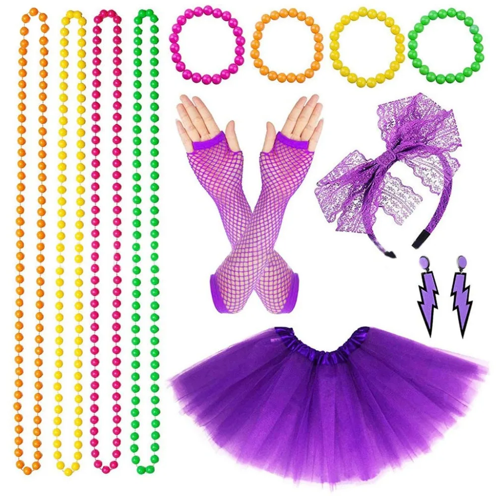 Women 80s Fancy Dress Accessories Retro Party Costume Set Adult Tutu Skirt Neon Fishnet Gloves Beaded Necklace Bracelet Earrings - Purple　8