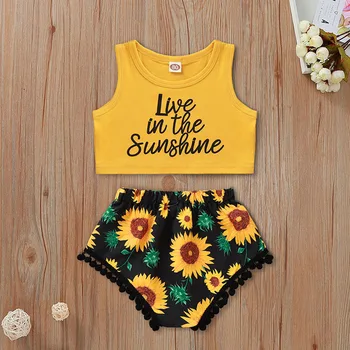 

Beach Style Cool Toddler Girl Clothes Yellow Vest Letter Tops+Shorts Set Two Piece Outfit For Teens Kids ropa bebe