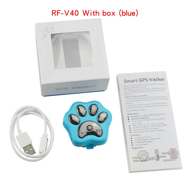 Blue with box RF-V40, 3g, gps трекер для питомцев, собак, кошек, устройство против потери, Мини, водонепроницаемый, для домашних животных, Wifi, локатор, расширенный, герметичный, водонепроницаемый, пылезащитный - Цвет: Blue with box