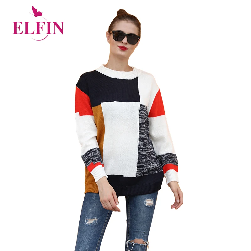 

British Autumn Women Sweater Long Sleeve O-neck Pullover Color Patchwork Harajuku Knitted Sweaters Korean Style SJ4026R