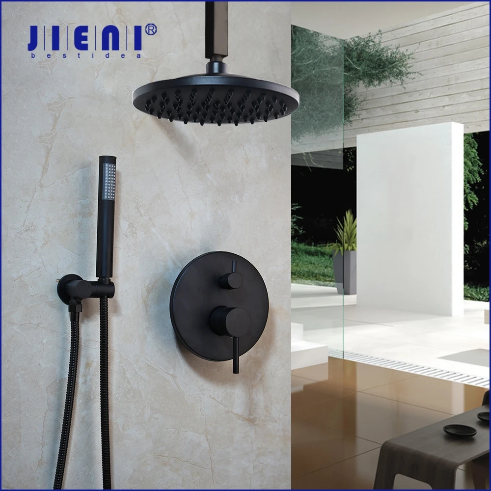 JIENI 8 Inch Black Round Wall Mounted Bathroom Rainfall shower faucet Sets Oil Rubbed Bronze head & hand shower Shower Set
