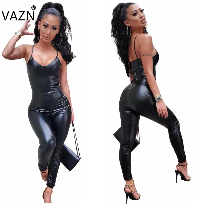 VAZN BN-008 Новые комбинезоны молодой сексуальный клубный стиль черный спагетти ремень без рукавов джокер открытый Леди Кожаный Карандаш эластичный комбинезон