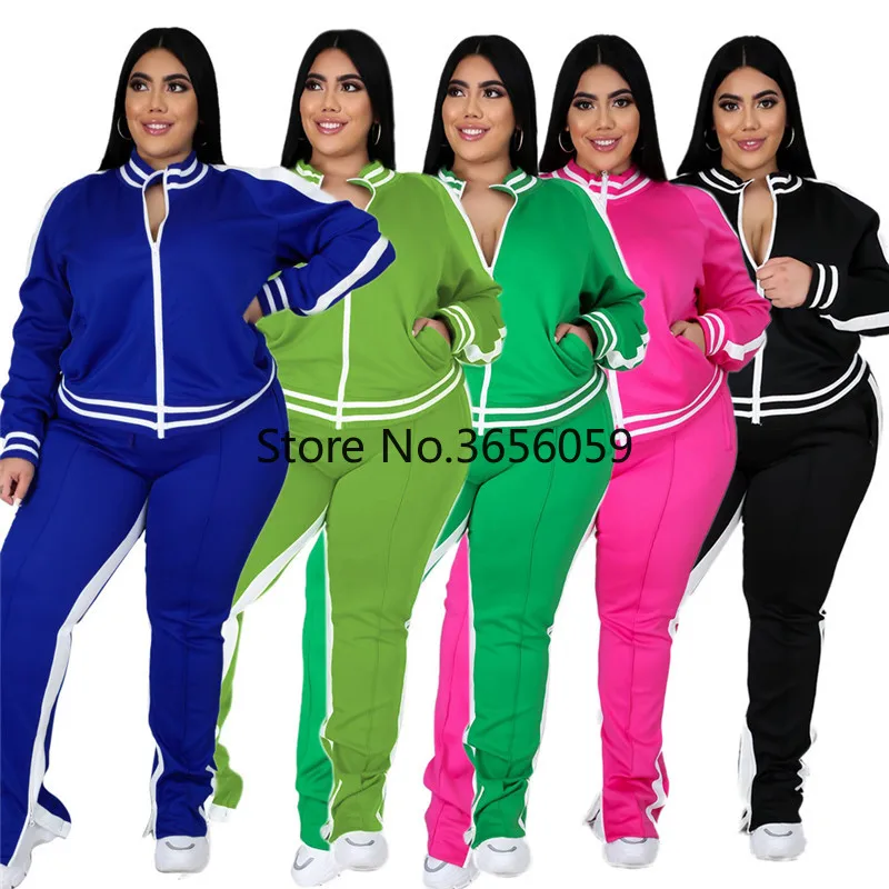 Women Two-Piece Set Striped Top Slit Pants Casual Jogger Outfit Matching Set Plus Size L-5XL