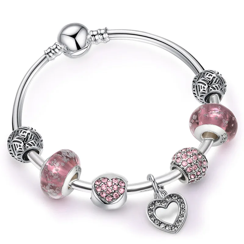 

Free Shipping Silver Plated Charm Bracelet Love Heart Enamel Gold Color Beads Fit Brand Bracelets for Women Jewelry