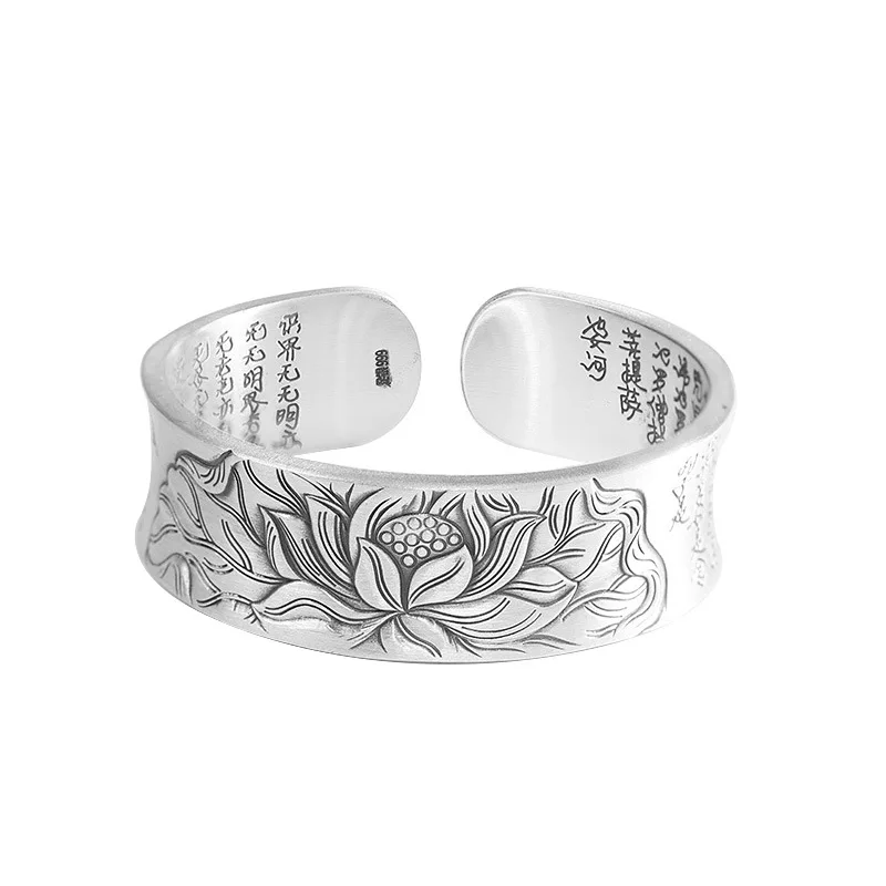 Real 999 Sterling Silver Lotus Women Bangles Vintage Jewelry Carved Lotus Buddhist Heart Sutra Wide Bracelet Women Accessories Bangles Aliexpress