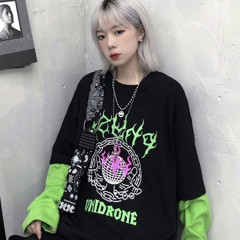 Корейский ins хип хоп Ulzzang Футболка с принтом дропшиппинг панк улица Винтаж harajuku camisas черный поддельные две одежды Топы женские футболки