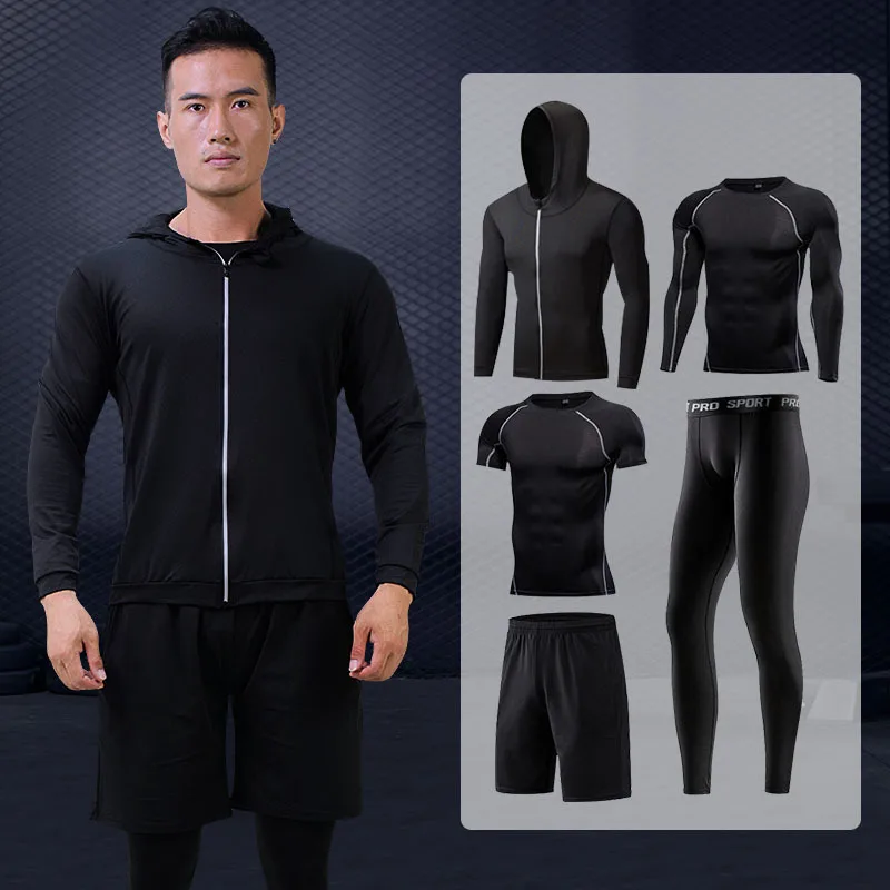 

New Style Sports Set Men Summer Tight-Fit Quick Drying Clothes Basketball Wear Training Equipment Running Fitness Suit Five Piec