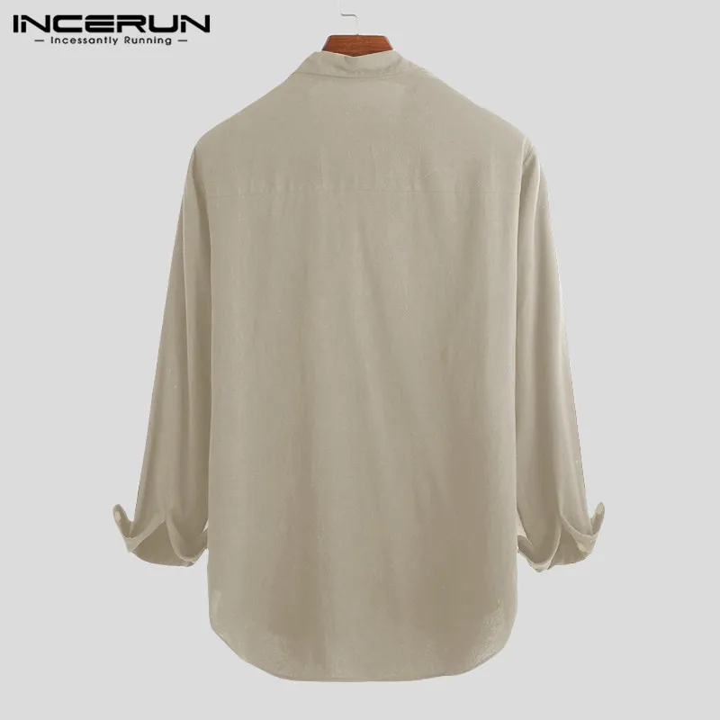 INCERUN Мужская Повседневная рубашка с хлопком на пуговицах дышащая Camisa однотонная с длинным рукавом винтажная Мужская брендовая рубашка Harajuku S-5XL