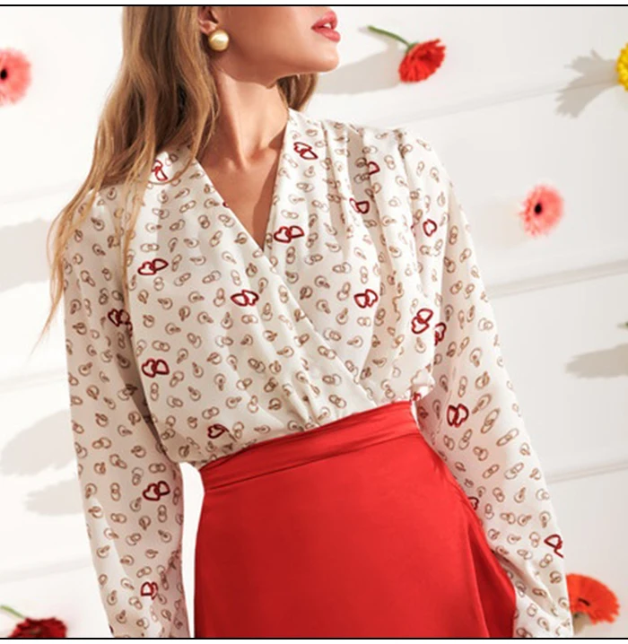 SINRGAN Женская Красная белая шифоновая рубашка с принтом сердца женские топы с v-образным вырезом и длинным рукавом Осенняя модная блузка