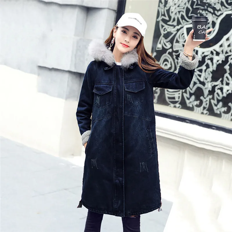 

2019 New women's long section coats Harajuku style loose plus velvet thickening lamb hair denim jacket winter cotton jacket Y521