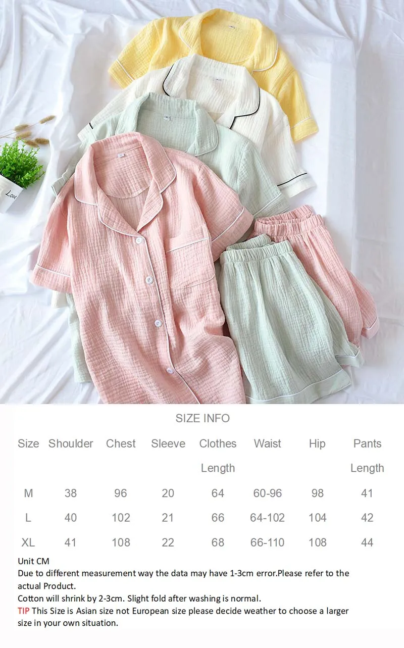 2022 Summer New Ladeis Sweet Candy Color Gauze Cotton Solid Color Pajamas Set Short Sleeve+Pants Women Cute Homewear Casual Wear cotton pjs