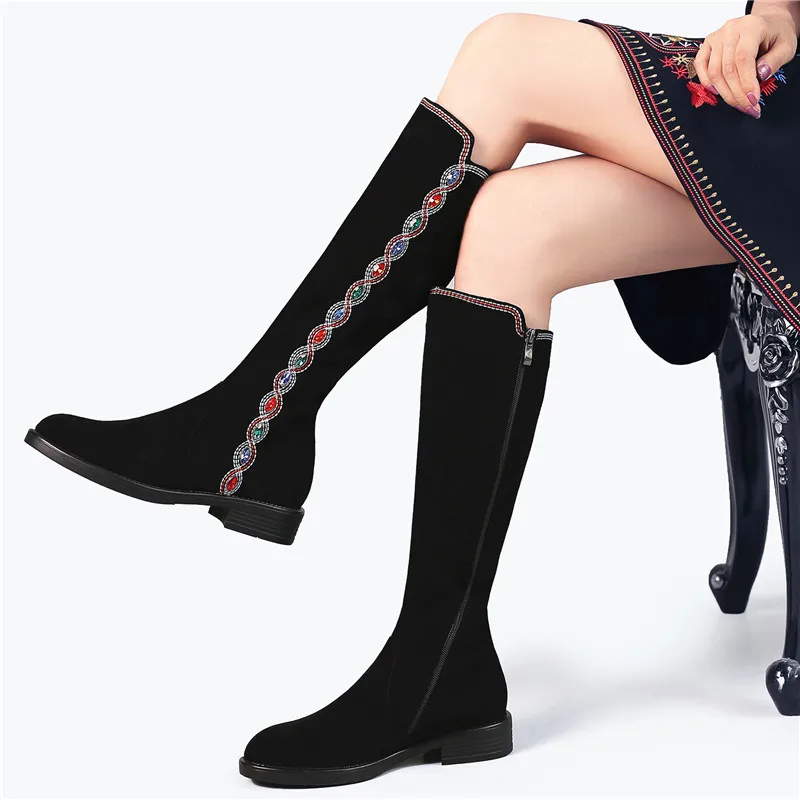 black with fur Новые сапоги из натуральной Кожаные ботинки женская обувь цвета Стразы в богемном стиле сапоги до колена высокие сапоги с вышивкой Женские Зима; обувь в стиле «Вестерн»; - Цвет: black with fur