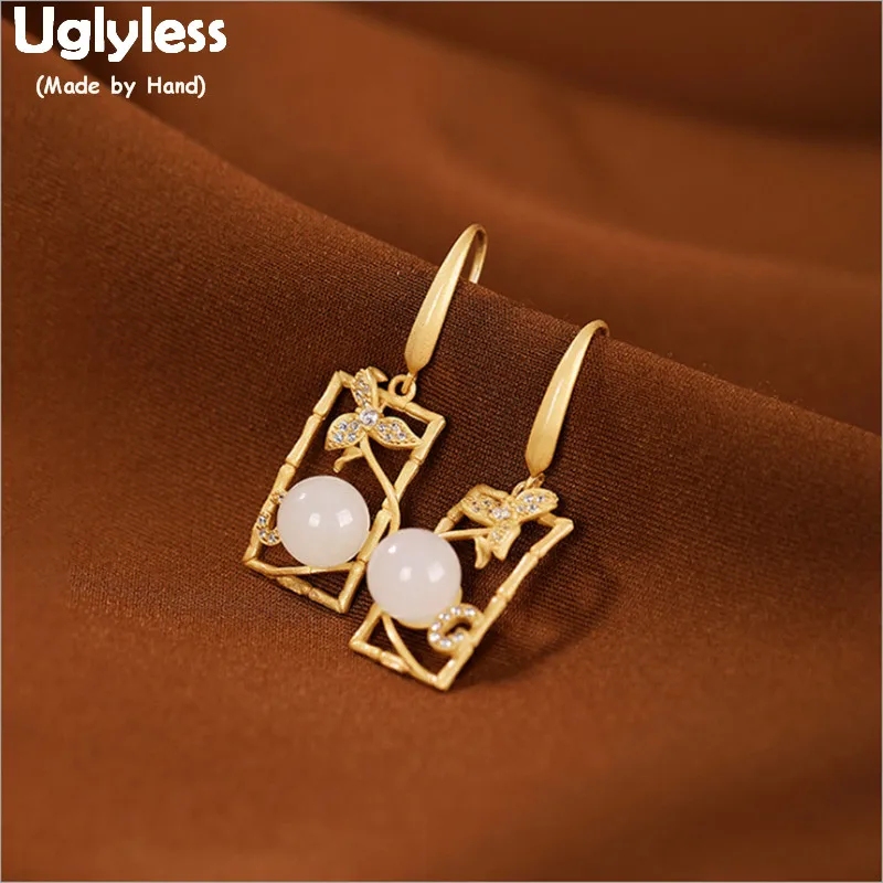 

Uglyless Handmade Leaves Earrings for Women Spring Story Grilles Hollow Square Earrings Gold Plate 925 Silver Brincos Jade E1757