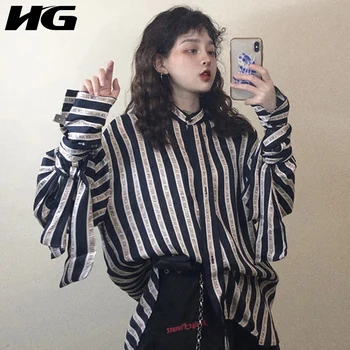 

HG Striped Blouse Women Turn Down Collar Long Sleeve Lacing Irregular Fashion Leisure 2019 New Autumn Shirt Lady Top ZYQ1448