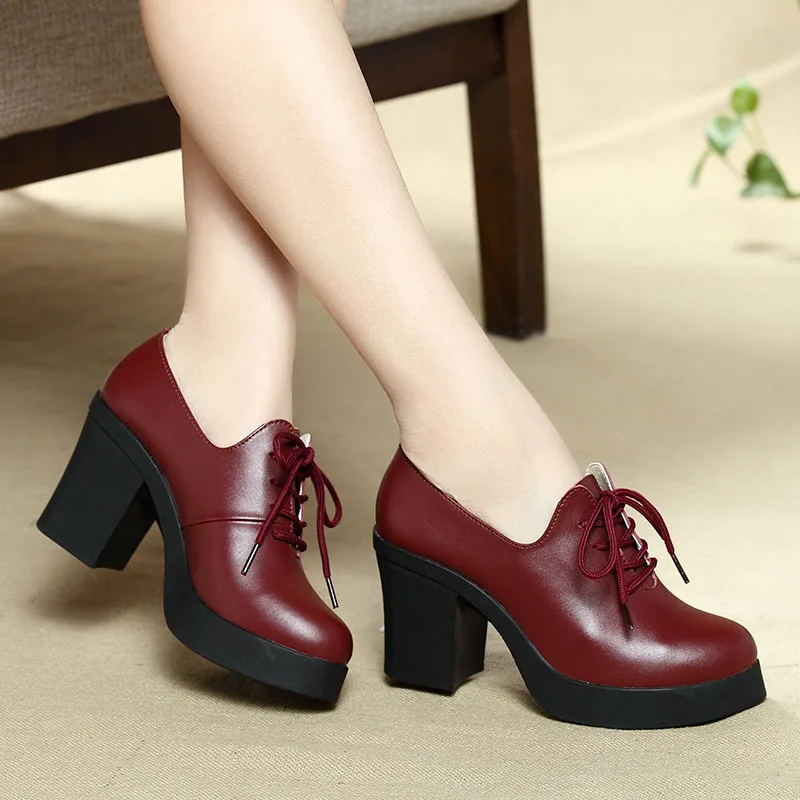 

Spring New Style Fujian WOMEN'S Shoes Genuine Leather Chunky-Heel Lace-up High Heel Shoes WOMEN'S Shoes Work Shoes