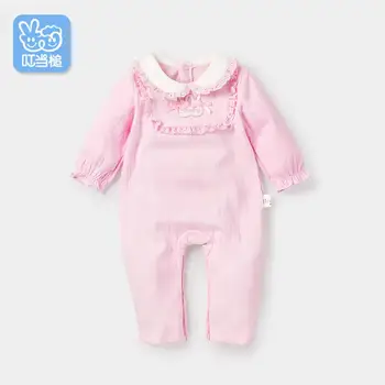 

Dinstry 2018 spring and autumn Newborn baby girl pink princess Cotton lace Romper